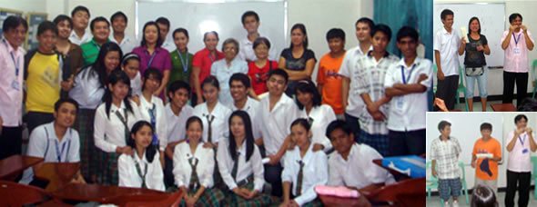 Collage of faculty, administration, students and parents of victims of typhoon receiving donation