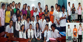 Collage of faculty, administration, students and parents of victims of typhoon receiving donation