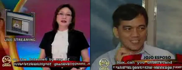 Screenshot of 24 Oras news with anchor Mel Tiangco and Jojo Esposa