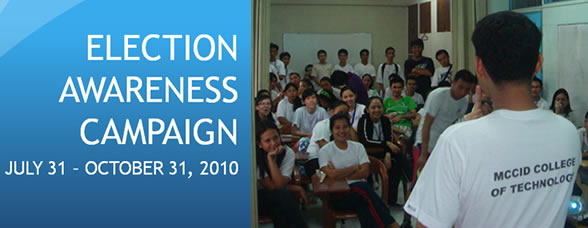 Election Awareness Campaign poster with Sir Jerome explaining to students.