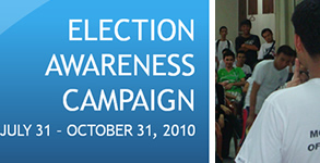 Election Awareness Campaign poster with Sir Jerome explaining to students.