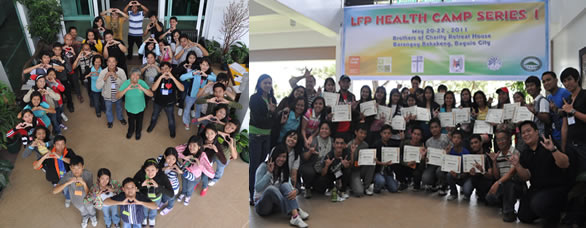 Health Campers formed a heart-shape. Campers and Facilitators display their certificates.